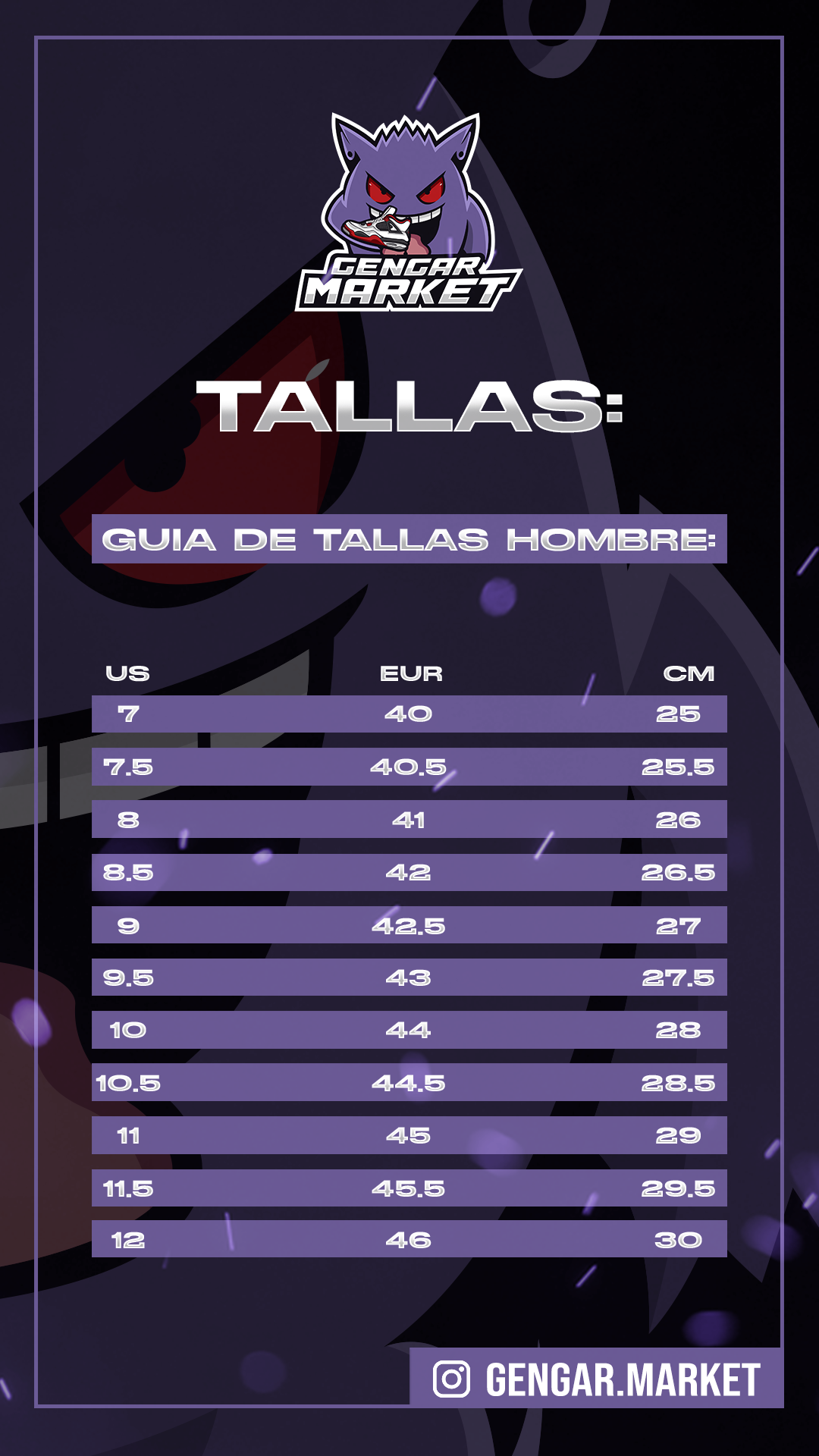 Guía de tallas hombre US